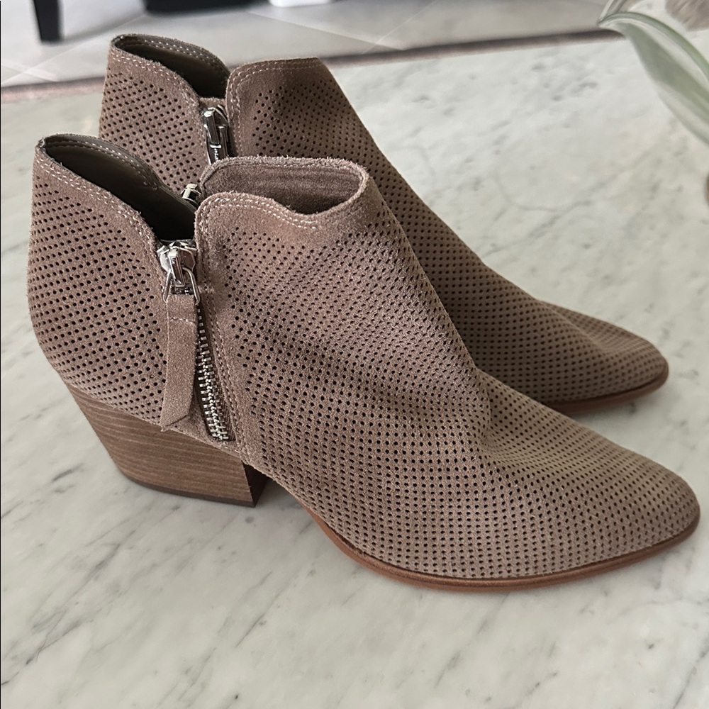 Vince Camuto Perforated Taupe Ankle Boots with Zipper